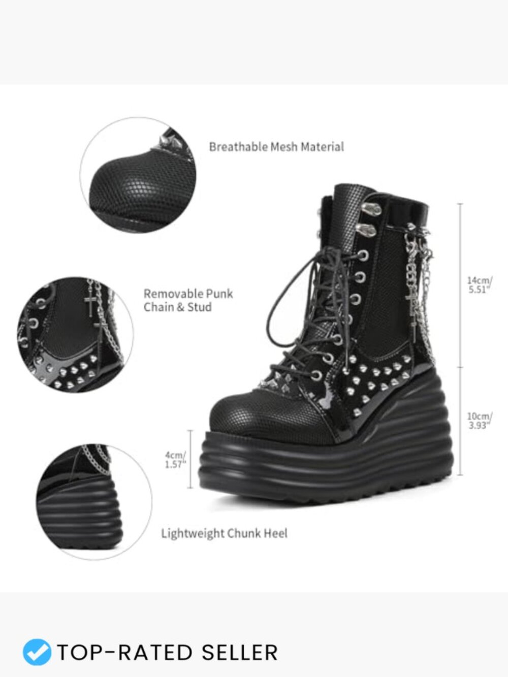 Gothic Ankle Boots Platform Combat Boots Punk Chains Studs Lace Up Wedge - Picture 5 of 7